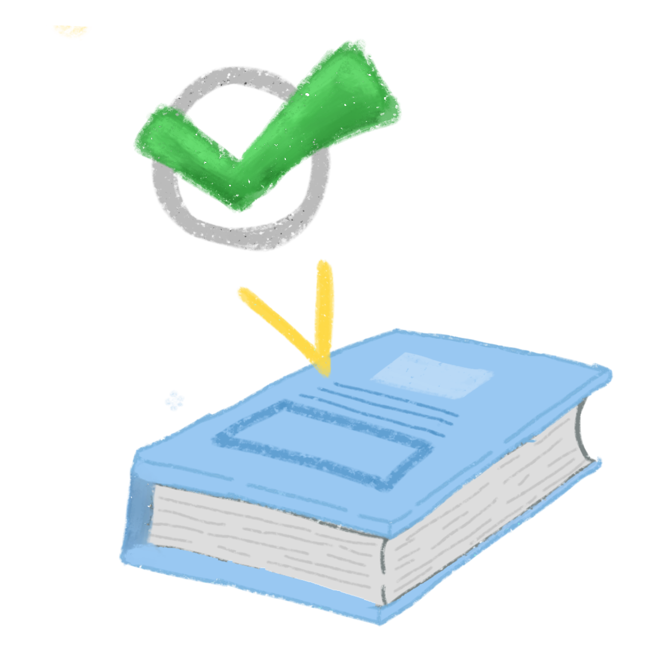 a blue book with a green checkmark symbol floating above it. The checkmark is enclosed in a gray circle, and a yellow arrow points from the checkmark towards the book.